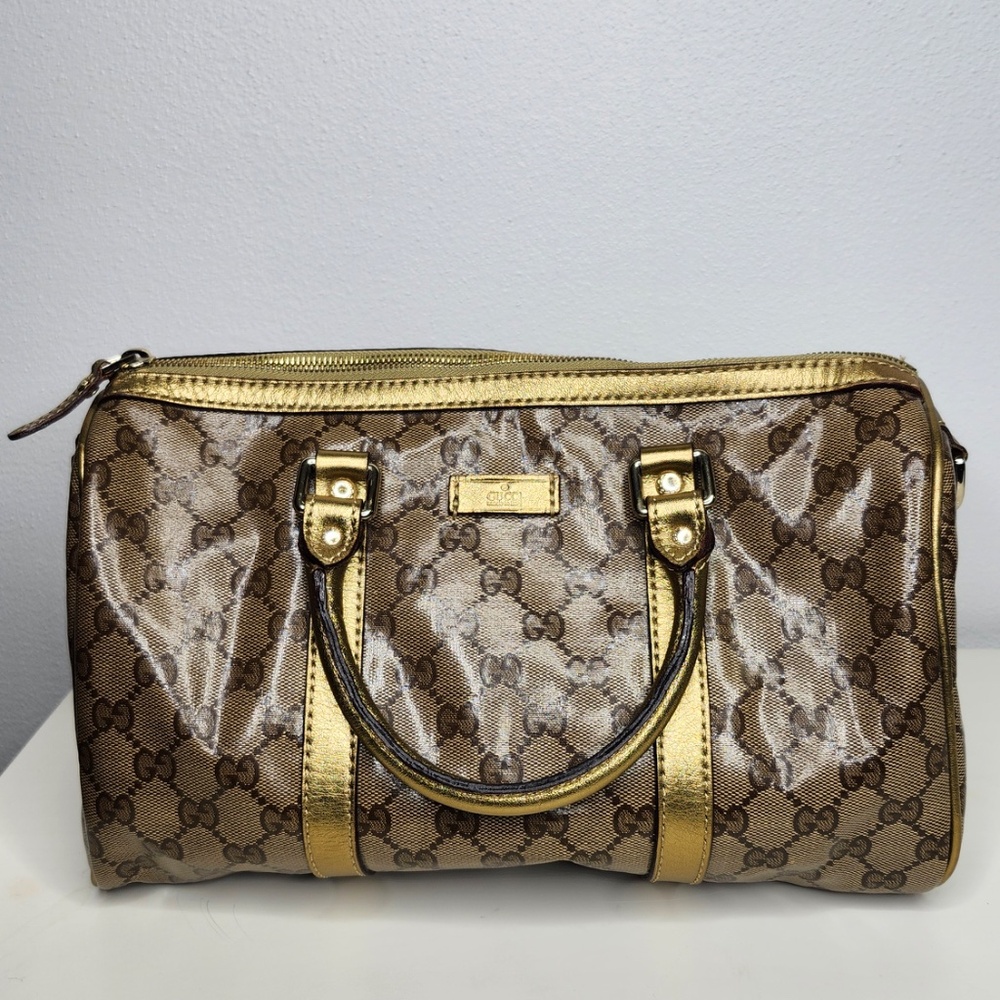 Authentic Gucci GG Monogram Boston Satchel Bag | Gold Leather Trim | Authenticat
